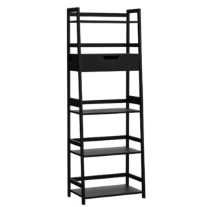wtz upgraded bookshelf with drawers, storage book shelves, 5 tier tall bookcase, modern open ladder shelf for bedroom, living room, bathroom, kids room, office, mc-519 (black)
