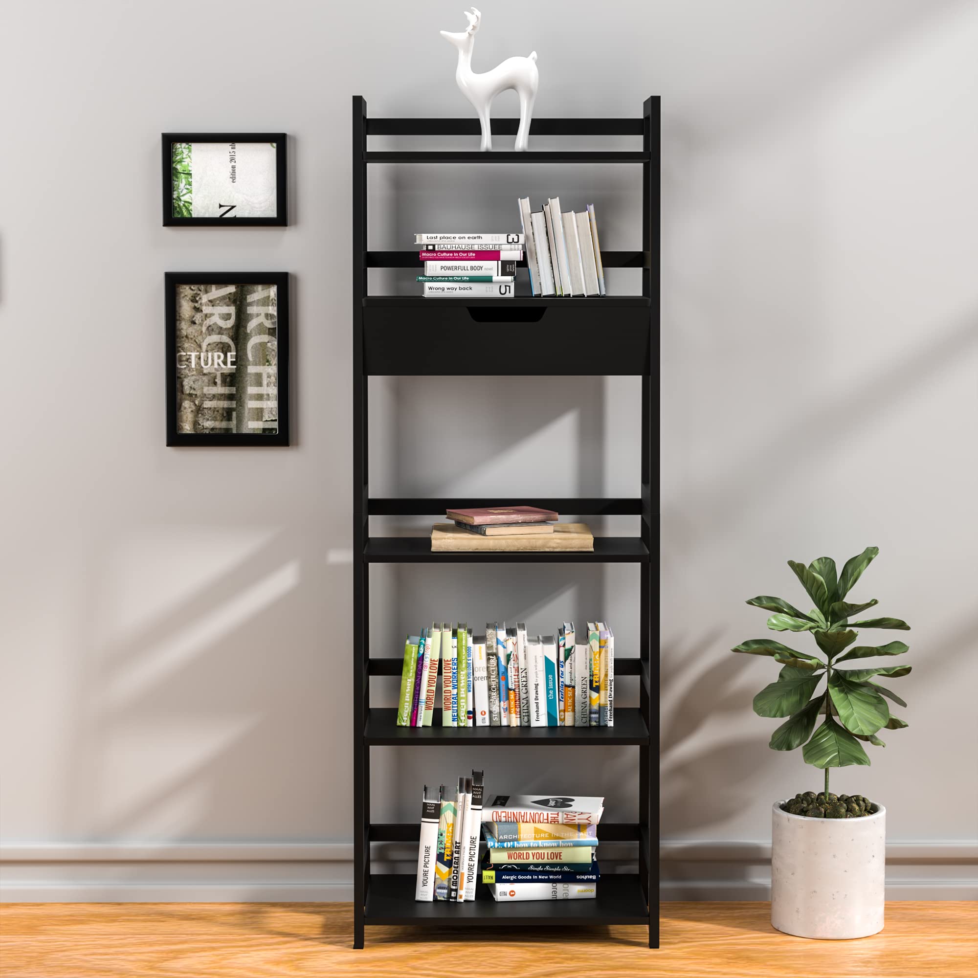 WTZ Upgraded Bookshelf with Drawers, Storage Book Shelves, 5 Tier Tall Bookcase, Modern Open Ladder Shelf for Bedroom, Living Room, Bathroom, Kids Room, Office, MC-519 (Black)