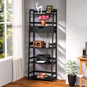 WTZ Upgraded Bookshelf with Drawers, Storage Book Shelves, 5 Tier Tall Bookcase, Modern Open Ladder Shelf for Bedroom, Living Room, Bathroom, Kids Room, Office, MC-519 (Black)