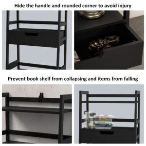 WTZ Upgraded Bookshelf with Drawers, Storage Book Shelves, 5 Tier Tall Bookcase, Modern Open Ladder Shelf for Bedroom, Living Room, Bathroom, Kids Room, Office, MC-519 (Black)