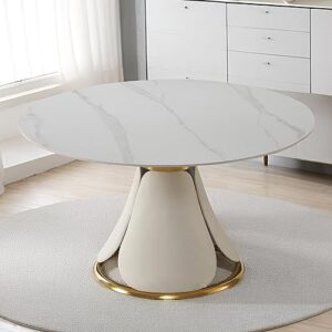 legendstone kitchen dining table, round marble dining table for 4-6, compact space w/53 sintered stone tabletop, lotus shape design & pu leather wrapped & metal base (1pc table)