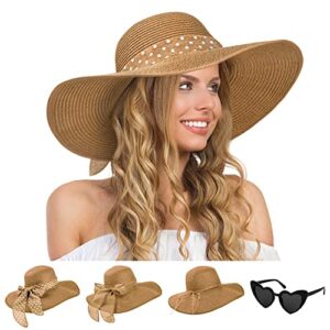 womens sun hat - wide brim floppy beach hats for women foldable straw hat with heart shaped sunglasses upf 50+, a-khaki