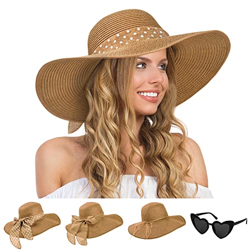 Womens Sun Hat - Wide Brim Floppy Beach Hats for Women Foldable Straw Hat with Heart Shaped Sunglasses UPF 50+, A-Khaki