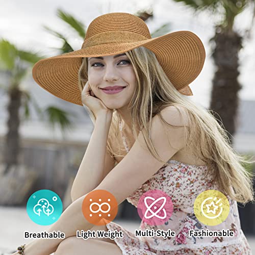 Womens Sun Hat - Wide Brim Floppy Beach Hats for Women Foldable Straw Hat with Heart Shaped Sunglasses UPF 50+, A-Khaki