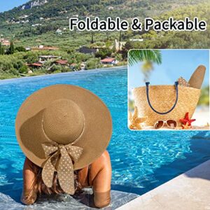 Womens Sun Hat - Wide Brim Floppy Beach Hats for Women Foldable Straw Hat with Heart Shaped Sunglasses UPF 50+, A-Khaki