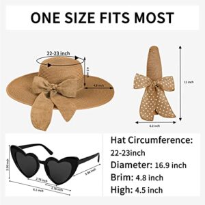 Womens Sun Hat - Wide Brim Floppy Beach Hats for Women Foldable Straw Hat with Heart Shaped Sunglasses UPF 50+, A-Khaki