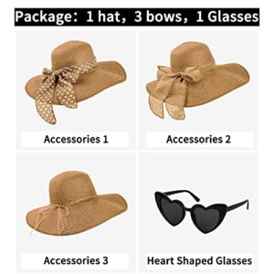 Womens Sun Hat - Wide Brim Floppy Beach Hats for Women Foldable Straw Hat with Heart Shaped Sunglasses UPF 50+, A-Khaki