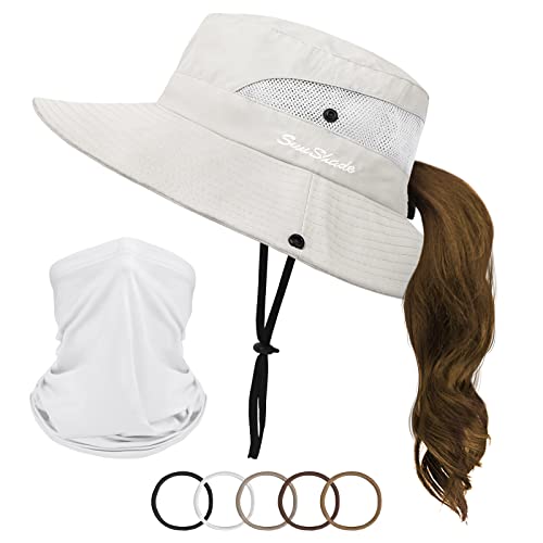 Sun Hats for Women Ponytail UV Protection Fishing Hat Outdoor Wide Brim Beach Hat Foldable Summer Bucket Hat Safari - Neck Gaiter 5*Hair Ties, A-Beige