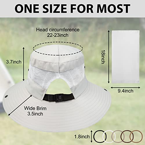 Sun Hats for Women Ponytail UV Protection Fishing Hat Outdoor Wide Brim Beach Hat Foldable Summer Bucket Hat Safari - Neck Gaiter 5*Hair Ties, A-Beige