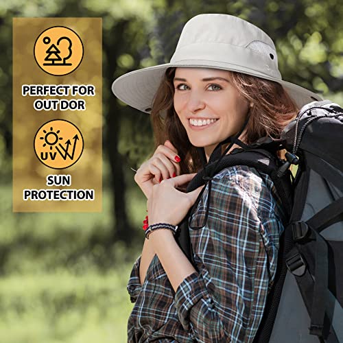 Sun Hats for Women Ponytail UV Protection Fishing Hat Outdoor Wide Brim Beach Hat Foldable Summer Bucket Hat Safari - Neck Gaiter 5*Hair Ties, A-Beige