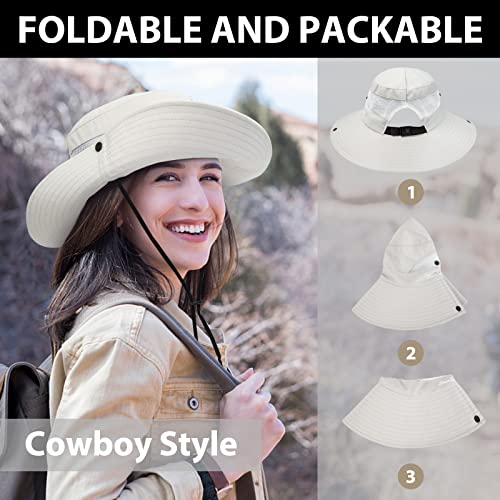 Sun Hats for Women Ponytail UV Protection Fishing Hat Outdoor Wide Brim Beach Hat Foldable Summer Bucket Hat Safari - Neck Gaiter 5*Hair Ties, A-Beige