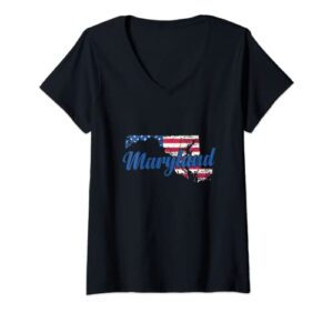 womens maryland usa flag in map america v-neck t-shirt