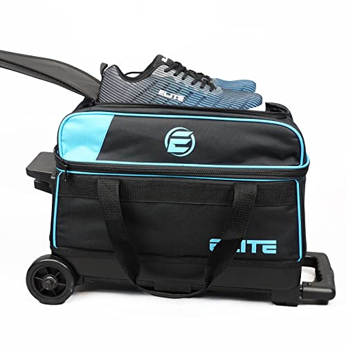 Elite Basic Double Roller 2 Ball Bowling Bag with Wheels | Large Top Pocket for Accessories or Bowling Shoes up to size 15 | Retractable Handle Extends to 37" (Aqua)