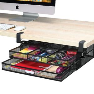 under desk drawer organizer clamp-on, mesh metal desk drawer attachment, 2 drawer slide out, on desk or under desk organizer for office supplies & home essentials