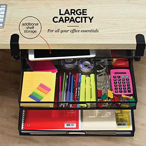 Under Desk Drawer Organizer Clamp-On, Mesh Metal Desk Drawer Attachment, 2 Drawer Slide Out, On Desk Or Under Desk Organizer For Office Supplies & Home Essentials