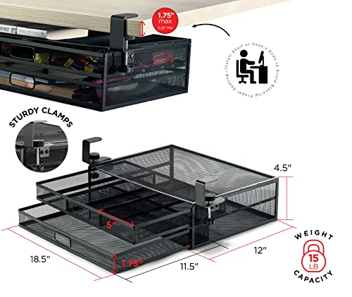 Under Desk Drawer Organizer Clamp-On, Mesh Metal Desk Drawer Attachment, 2 Drawer Slide Out, On Desk Or Under Desk Organizer For Office Supplies & Home Essentials