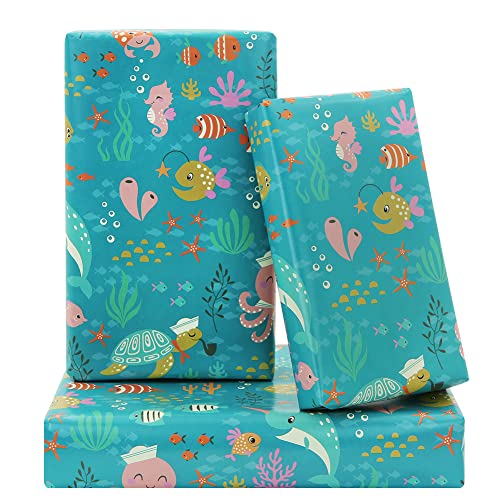 Ocean Themed Birthday Wrapping Paper For Kids Girls Boys, Under the Water Animal Coastal Design Gift Wrap Paper for Birthday Baby Shower Children's Day, 4 Sheets Folded Flat 20x28 Inches Per Sheet