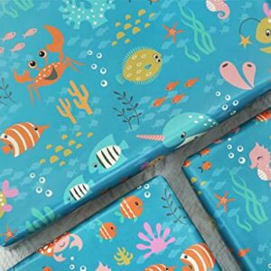 Ocean Themed Birthday Wrapping Paper For Kids Girls Boys, Under the Water Animal Coastal Design Gift Wrap Paper for Birthday Baby Shower Children's Day, 4 Sheets Folded Flat 20x28 Inches Per Sheet