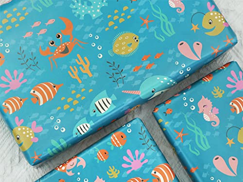 Ocean Themed Birthday Wrapping Paper For Kids Girls Boys, Under the Water Animal Coastal Design Gift Wrap Paper for Birthday Baby Shower Children's Day, 4 Sheets Folded Flat 20x28 Inches Per Sheet