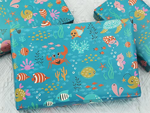 Ocean Themed Birthday Wrapping Paper For Kids Girls Boys, Under the Water Animal Coastal Design Gift Wrap Paper for Birthday Baby Shower Children's Day, 4 Sheets Folded Flat 20x28 Inches Per Sheet