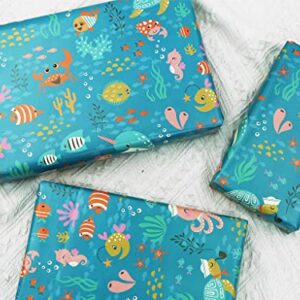 Ocean Themed Birthday Wrapping Paper For Kids Girls Boys, Under the Water Animal Coastal Design Gift Wrap Paper for Birthday Baby Shower Children's Day, 4 Sheets Folded Flat 20x28 Inches Per Sheet