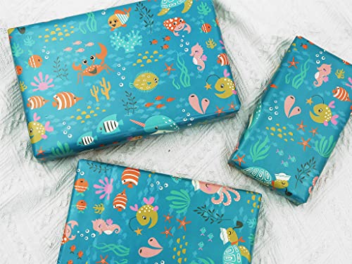 Ocean Themed Birthday Wrapping Paper For Kids Girls Boys, Under the Water Animal Coastal Design Gift Wrap Paper for Birthday Baby Shower Children's Day, 4 Sheets Folded Flat 20x28 Inches Per Sheet