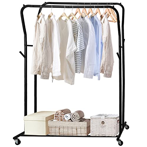 GIOTORENT Double Rod Clothes Rack with Wheels,42 Inch Portable Rolling Coat Rack,Freestanding All-Metal Garment Rack,40 Pieces of Clothing MAX,for Hanging Clothes,Bags,Black