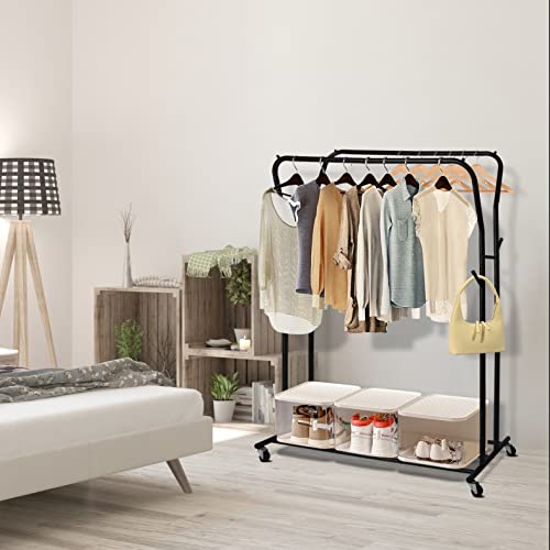 GIOTORENT Double Rod Clothes Rack with Wheels,42 Inch Portable Rolling Coat Rack,Freestanding All-Metal Garment Rack,40 Pieces of Clothing MAX,for Hanging Clothes,Bags,Black