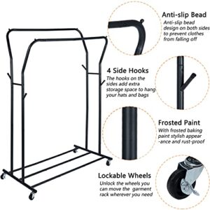 GIOTORENT Double Rod Clothes Rack with Wheels,42 Inch Portable Rolling Coat Rack,Freestanding All-Metal Garment Rack,40 Pieces of Clothing MAX,for Hanging Clothes,Bags,Black