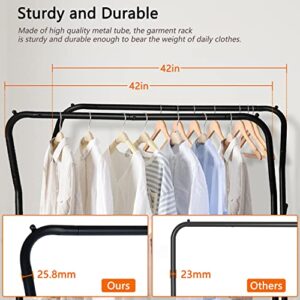 GIOTORENT Double Rod Clothes Rack with Wheels,42 Inch Portable Rolling Coat Rack,Freestanding All-Metal Garment Rack,40 Pieces of Clothing MAX,for Hanging Clothes,Bags,Black