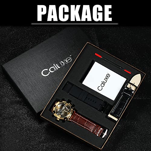 Caluxe Automatic Mechanical Tourbillon Golden Watch, 3 Leather Straps Combo Gift Set(Black & Brown Genuine Leather Strap+ Sports Rubber)