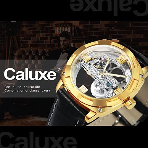 Caluxe Automatic Mechanical Tourbillon Golden Watch, 3 Leather Straps Combo Gift Set(Black & Brown Genuine Leather Strap+ Sports Rubber)