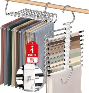 upgrade 9 layers pant hangers space saving, non slip stainless steel multifunctional pants rack s-type clothes pant closet hanger organizer for pants jeans trousers scarf skirts (1 pack, antiquewhite)