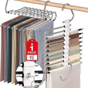 Upgrade 9 Layers Pant Hangers Space Saving, Non Slip Stainless Steel Multifunctional Pants Rack S-Type Clothes Pant Closet Hanger Organizer for Pants Jeans Trousers Scarf Skirts (1 Pack, Antiquewhite)