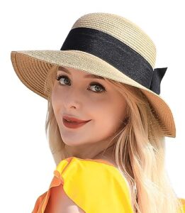 beach hats for women, straw hat for women upf 50+ uv sun protection sun hat foldable roll up cap khaki