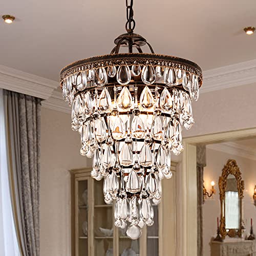 Wellmet Crystal Chandelier,Farmhouse Bronze Bathroom Chandeliers, Foyer Lighting Hanging Pendant Light Fixture for Bedroom Entryway Living Kids Room Corridor Closet