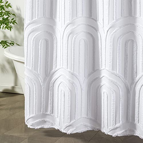 Estmy Boho White Tufted Shower Curtain Sets with Hooks, Simple Modern Chic Cute Rainbow Shape Chenille Stripe Cotton Fabric Shower Curtain Bathroom Decor, Heavy Duty/Water Repellent/Washable