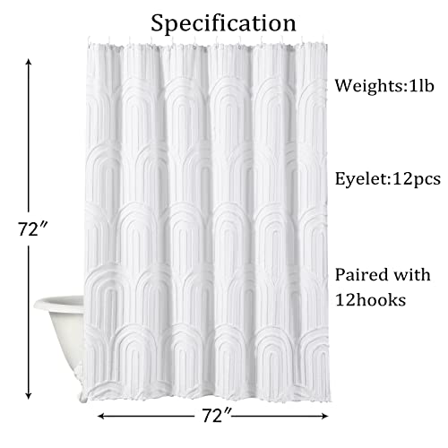 Estmy Boho White Tufted Shower Curtain Sets with Hooks, Simple Modern Chic Cute Rainbow Shape Chenille Stripe Cotton Fabric Shower Curtain Bathroom Decor, Heavy Duty/Water Repellent/Washable