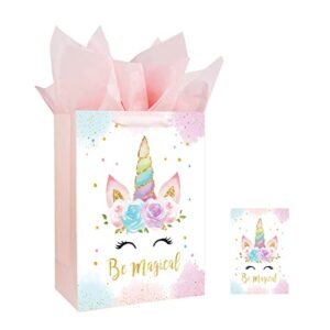 13" large unicorn gift bag for birthday baby shower baby girl gift bag with card and tissue papers watercolor design