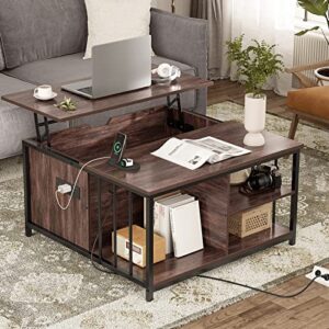 aogllati lift top coffee table with storage and hidden compartment, farmhouse square coffee table with charging station, wood lift tabletop central table for living room, reception room, retro brown