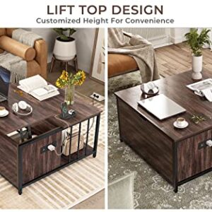 AOGLLATI Lift Top Coffee Table with Storage and Hidden Compartment, Farmhouse Square Coffee Table with Charging Station, Wood Lift Tabletop Central Table for Living Room, Reception Room, Retro Brown