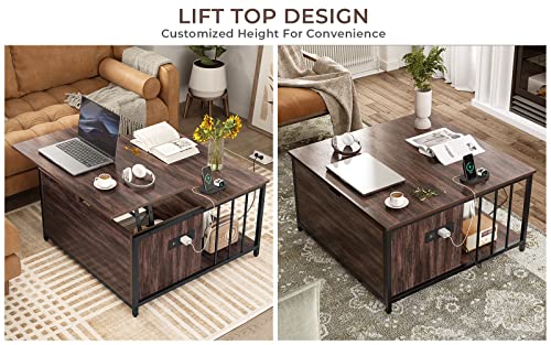 AOGLLATI Lift Top Coffee Table with Storage and Hidden Compartment, Farmhouse Square Coffee Table with Charging Station, Wood Lift Tabletop Central Table for Living Room, Reception Room, Retro Brown