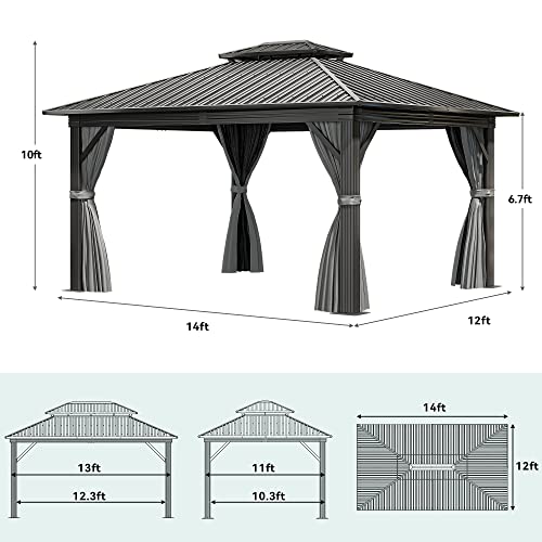 YITAHOME 12x14ft Hardtop Gazebo with Nettings and Curtains, Heavy Duty Double Roof Galvanized Steel Outdoor Combined of Vertical Stripes Roof for Patio, Backyard, Deck, Lawns, Gray