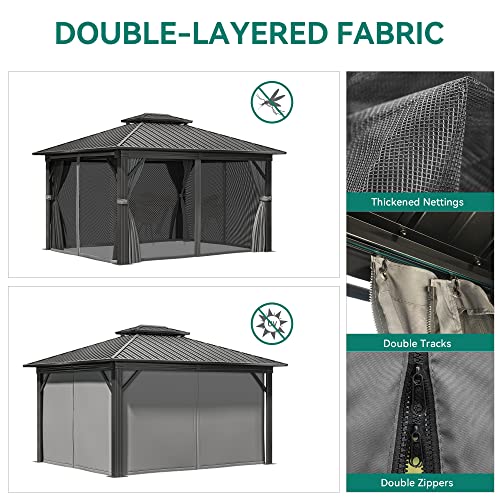 YITAHOME 12x14ft Hardtop Gazebo with Nettings and Curtains, Heavy Duty Double Roof Galvanized Steel Outdoor Combined of Vertical Stripes Roof for Patio, Backyard, Deck, Lawns, Gray