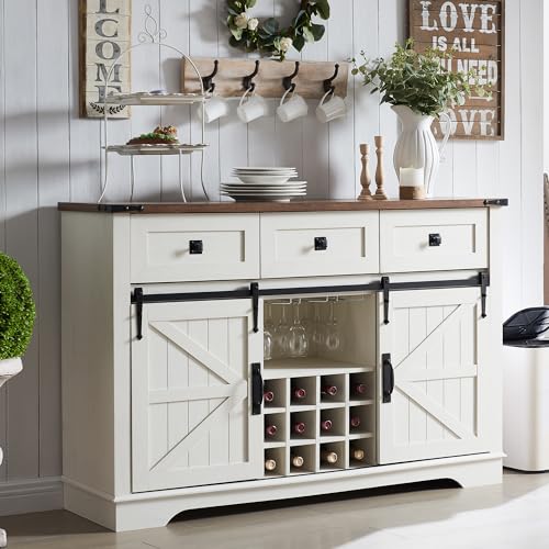 OKD Farmhouse Buffet Cabinet with Storage, 54" Sideboard with 3 Drawers, Sliding Barn Door, Wine and Glass Rack, Storage Shelves, Liquor Coffee Bar Cupboard for Kitchen, Dining Room, Antique White