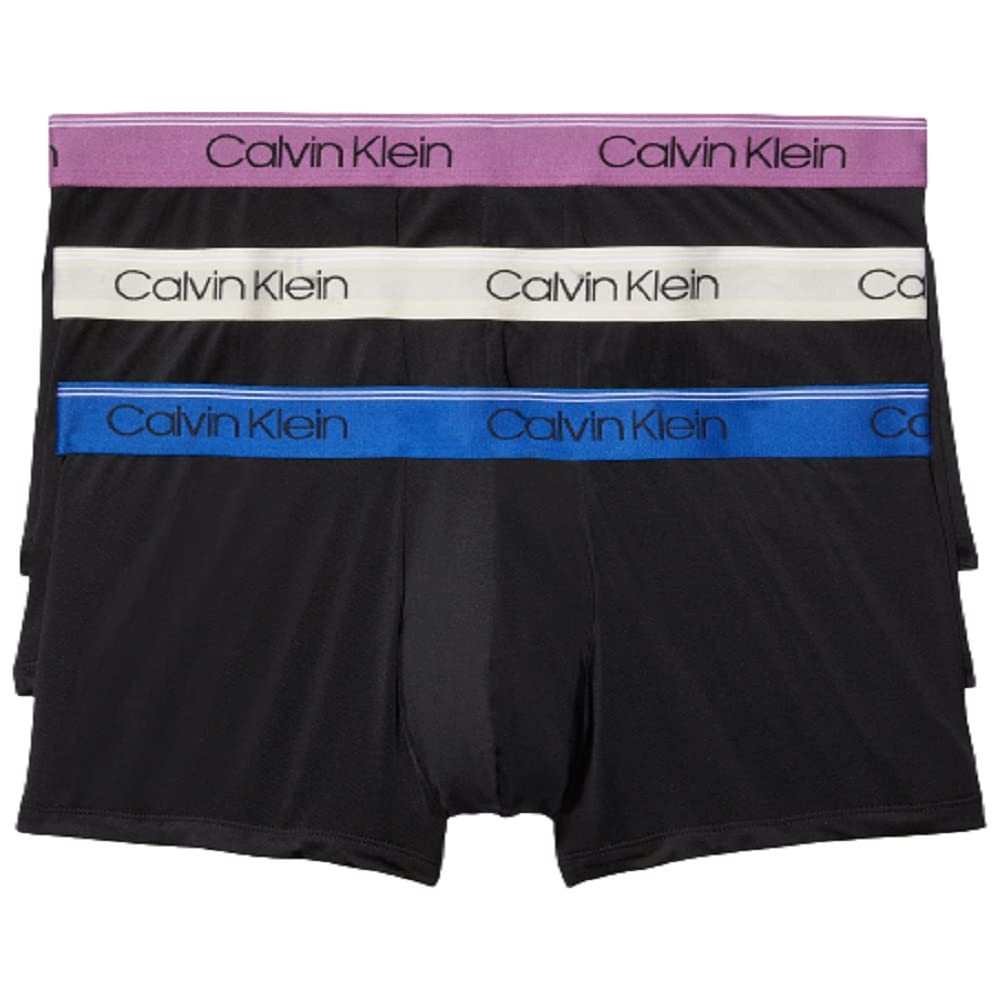 Calvin Klein Men's Micro Stretch 3-Pack Low Rise Trunk, Black Bodies W/AMEYTHYST, Silver Birch, Midnight, Large