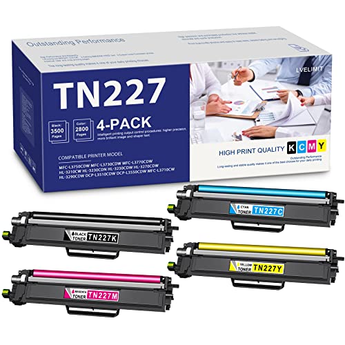 LVELIMIT TN-227 Toner Cartridge 4 Pack Set Compatible TN-227BK Black, TN-227C Cyan, TN-227M Magenta, TN-227Y Yellow Toner Replacement for Brother TN-227 MFC-L3750CDW MFC-L3730CDW Printer Toner