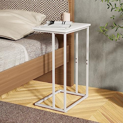 Innerjoin Wide C Side Table,C Couch Table with Metal Frames, Small Snack End Table for Couch and Bed, Retro Laptop C Table, Living Room and Bedroom, Industrial Style, White