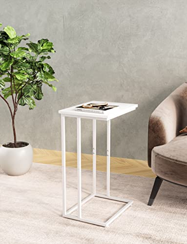 Innerjoin Wide C Side Table,C Couch Table with Metal Frames, Small Snack End Table for Couch and Bed, Retro Laptop C Table, Living Room and Bedroom, Industrial Style, White