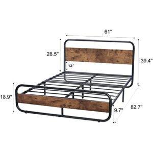 Catrimown Queen Size Bed Frame, Metal Queen Bed Frame with Led Headboard and Footboard, Rustic Heavy Duty Wooden Platform Bed Frame with Under Bed Storage, Noise Free, No Box Spring Needed